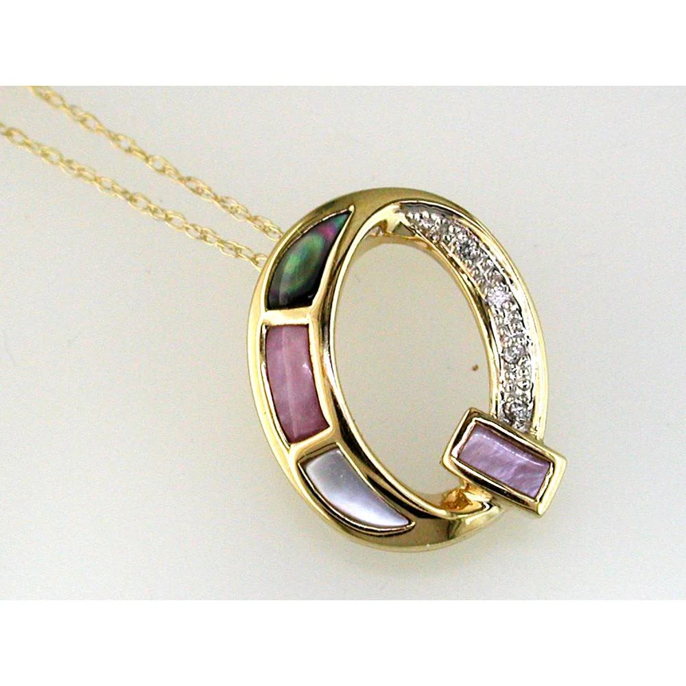 14K Yellow Gold Initial Q Pendant with Mother-of-Pearl Accents and Round Diamonds - 0.02 Carat Total Diamond Weight - Royal Jewelry
