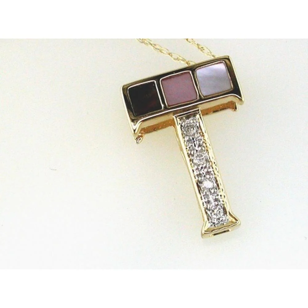 14K Yellow Gold Initial T Pendant with Mopal Accents and Round Diamonds - 0.04 Carat Total Diamond Weight - Royal Jewelry