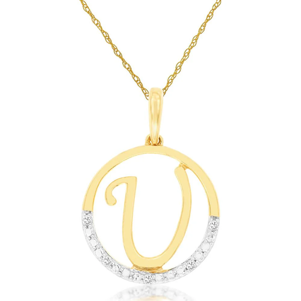 14K Yellow Gold Initial U Pendant with Round Diamond Accents on Fine Chain - 0.02 Carat Total Diamond Weight - Royal Jewelry