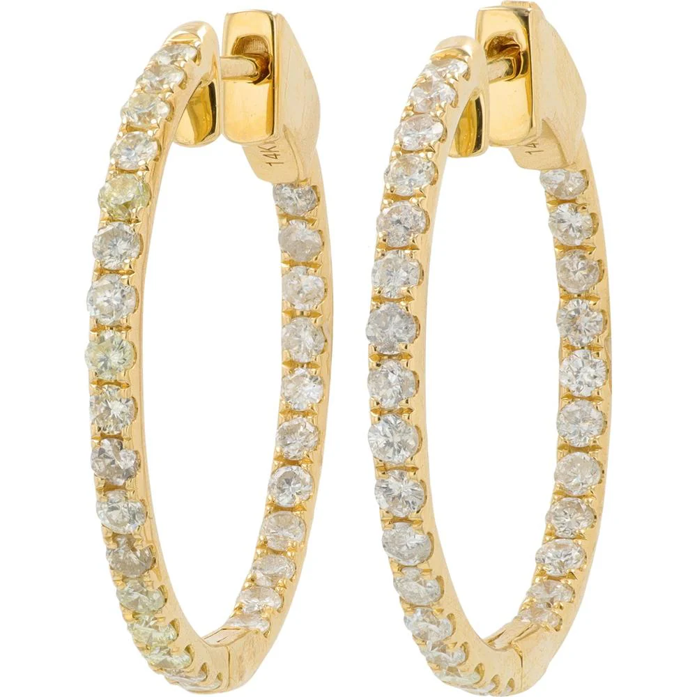 14K Yellow Gold Inside - Out Hoop Earrings with Round Diamonds - 1.00 Carat Total Diamond Weight