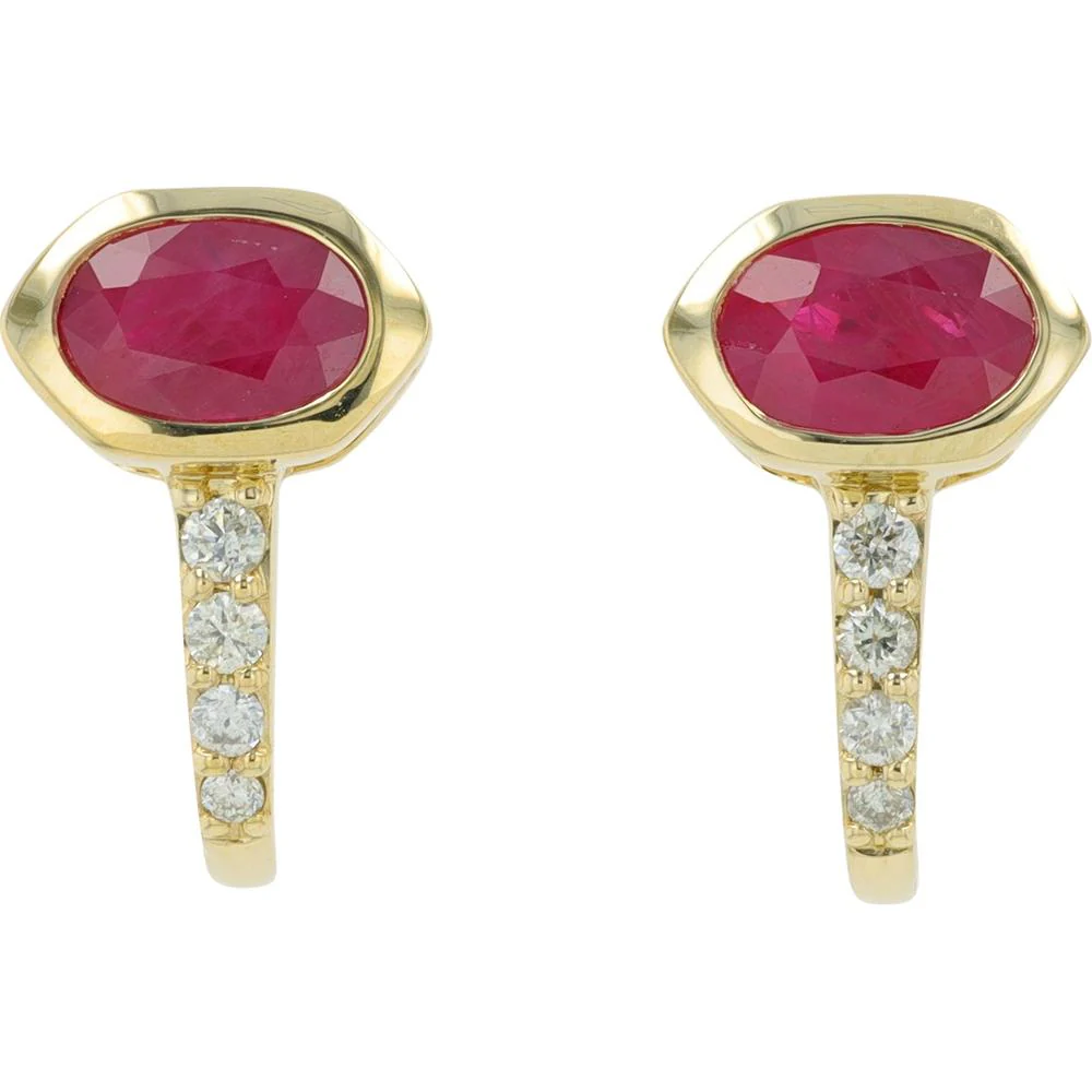 14K Yellow Gold J - Hoop Earrings with Oval Rubies and Round Diamond Accents - 0.80 - 1.25 Carat Total Ruby Weight, 0.12 Carat Total Diamond Weight