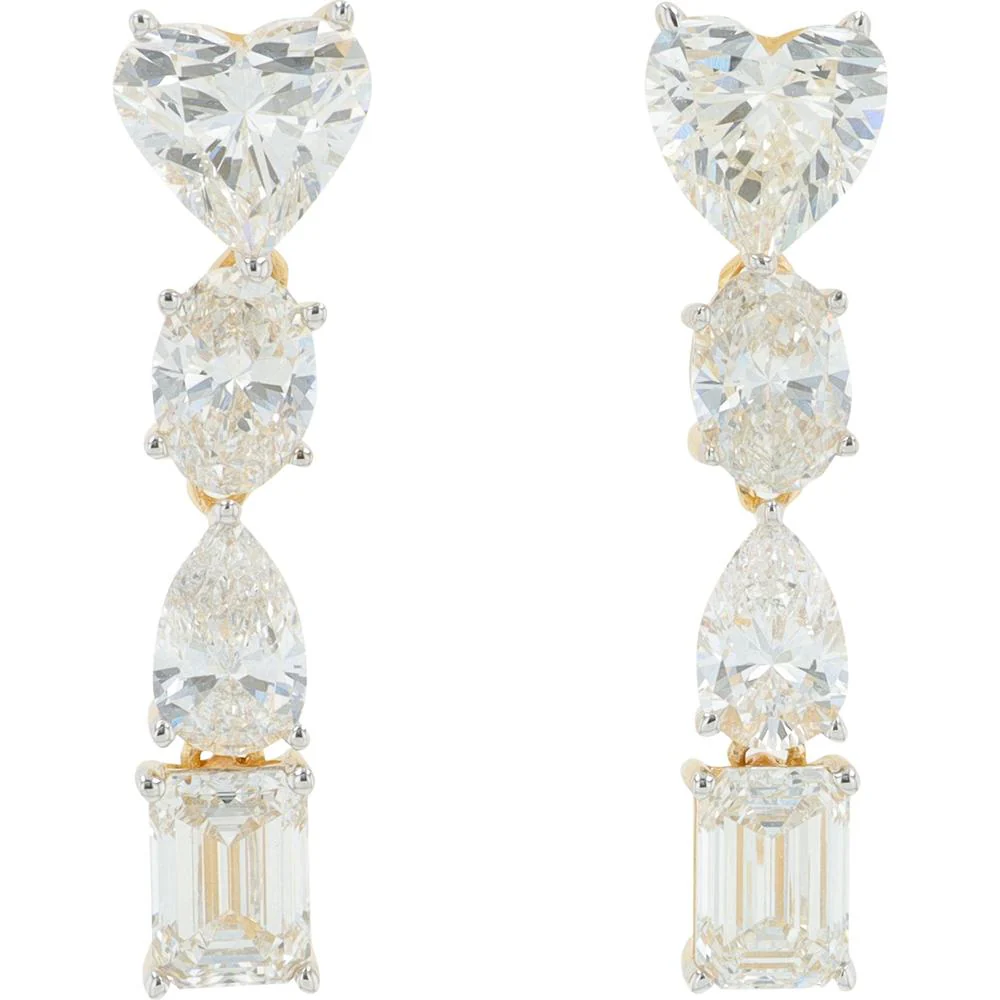 14K Yellow Gold Lab Grown Diamond Drop Earrings with Heart, Oval, Pear, and Emerald - Cut Diamonds - 3.50 Carat Total Diamond Weight