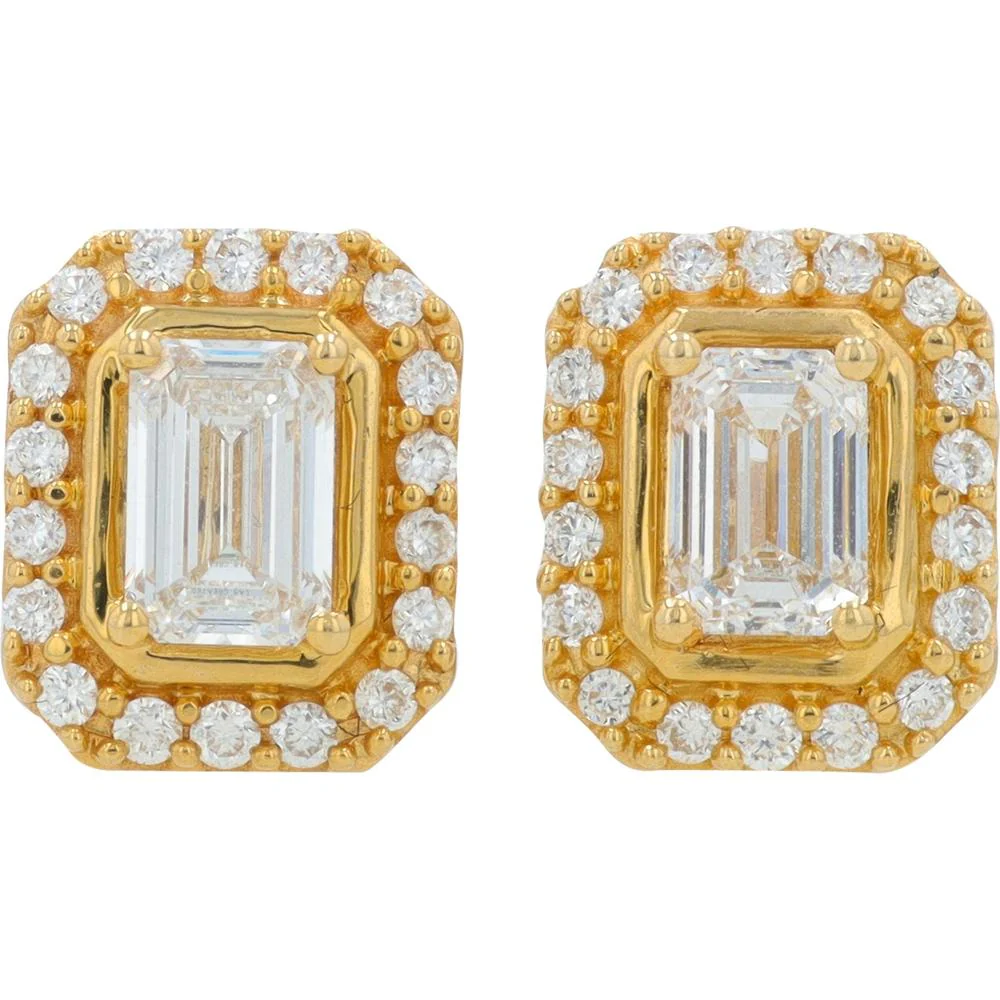 14K Yellow Gold Lab Grown Diamond Stud Earrings with Emerald Cut Center and Round Diamond Halo - 1.00 Carat Total Diamond Weight