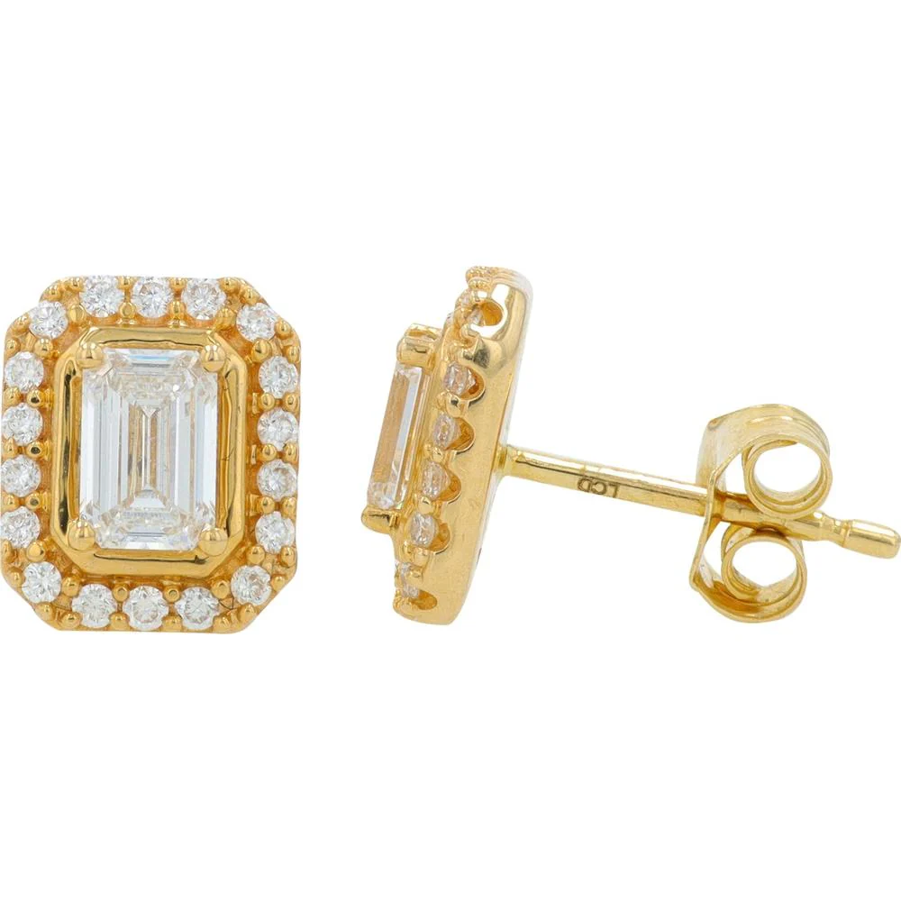 14K Yellow Gold Lab Grown Diamond Stud Earrings with Emerald Cut Center and Round Diamond Halo - 1.00 Carat Total Diamond Weight - Image 2