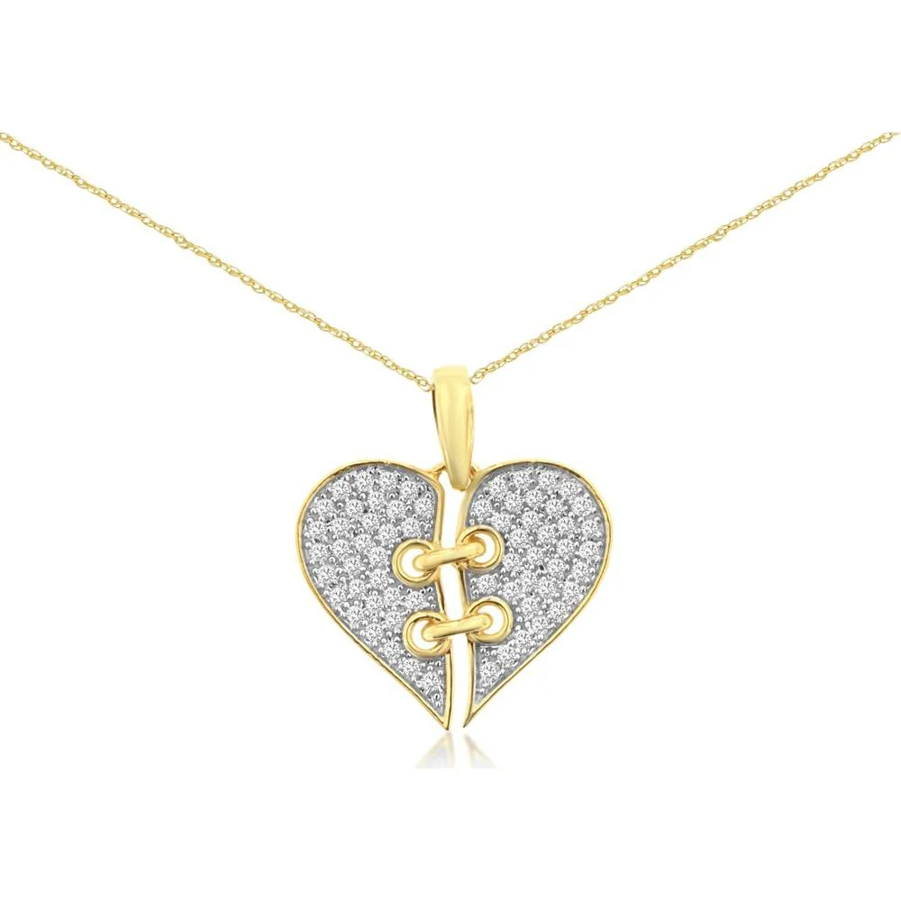 14K Yellow Gold Laced Heart Pendant with Round Diamonds - 0.26 Carat Total Diamond Weight - Royal Jewelry
