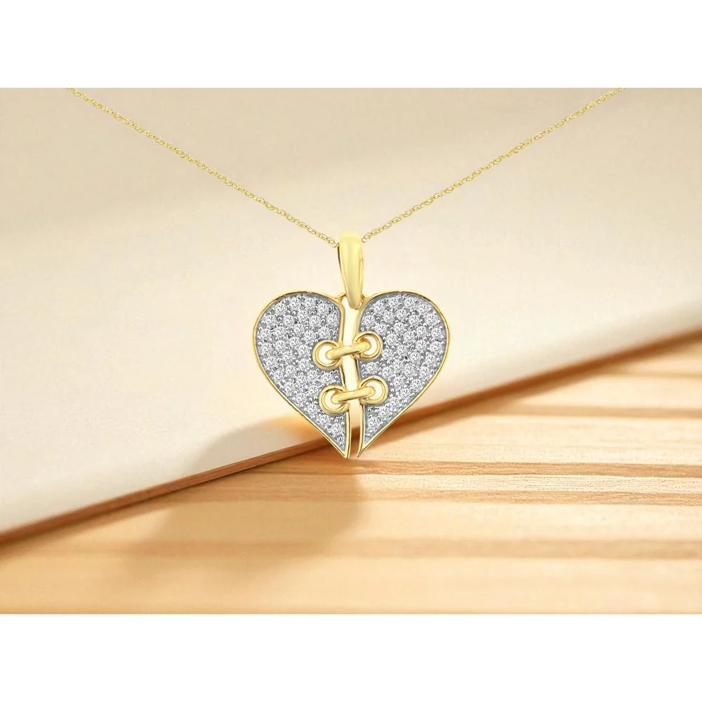 14K Yellow Gold Laced Heart Pendant with Round Diamonds - 0.26 Carat Total Diamond Weight - Royal Jewelry - Image 2