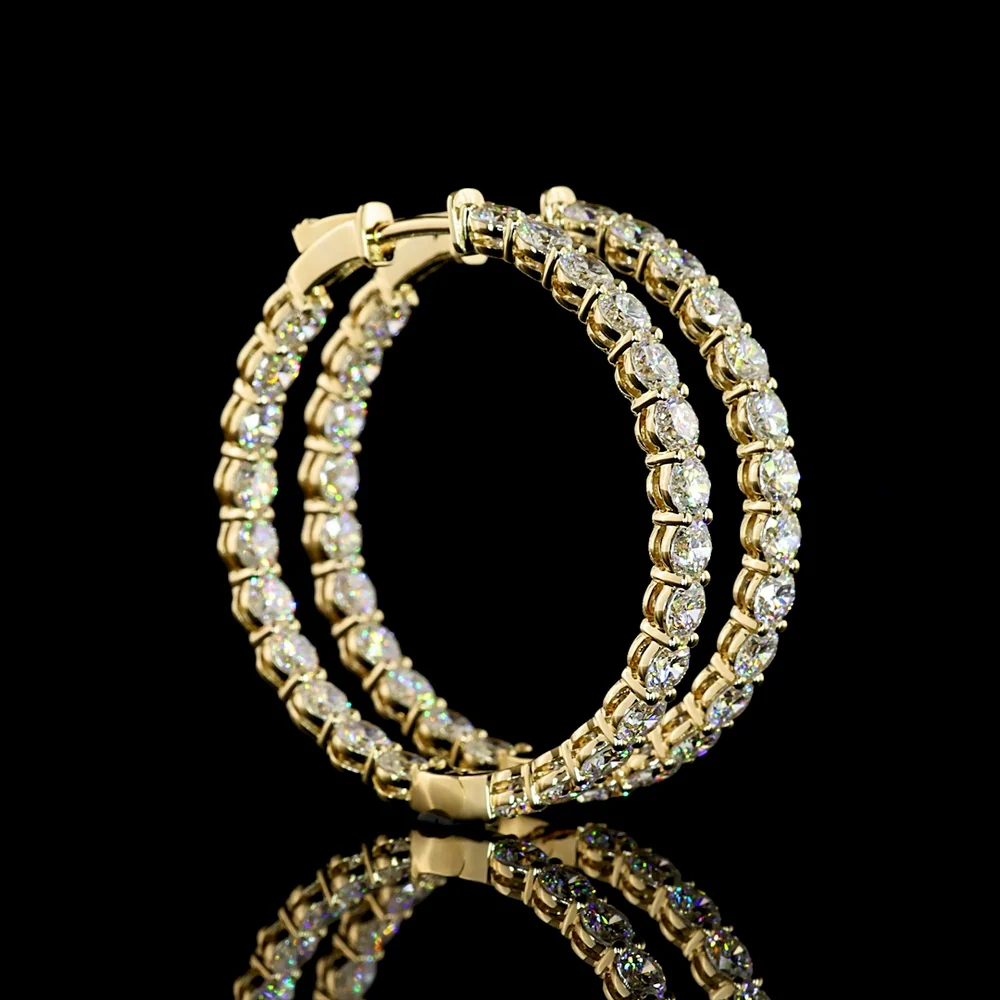 14K Yellow Gold Large Diamond Hoop Earrings with Prong Set Round Brilliant Cut Lab Grown Diamonds - 6.97 Carat Total Diamond Weight - Covaloro Fine Jewelry