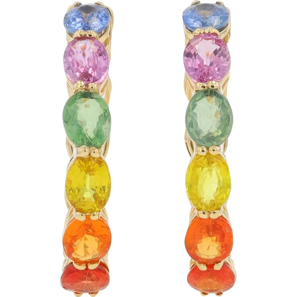 14K Yellow Gold Large Hoop Earrings with 6.00 Carat Total Weight Oval Multi Sapphires - Image 2