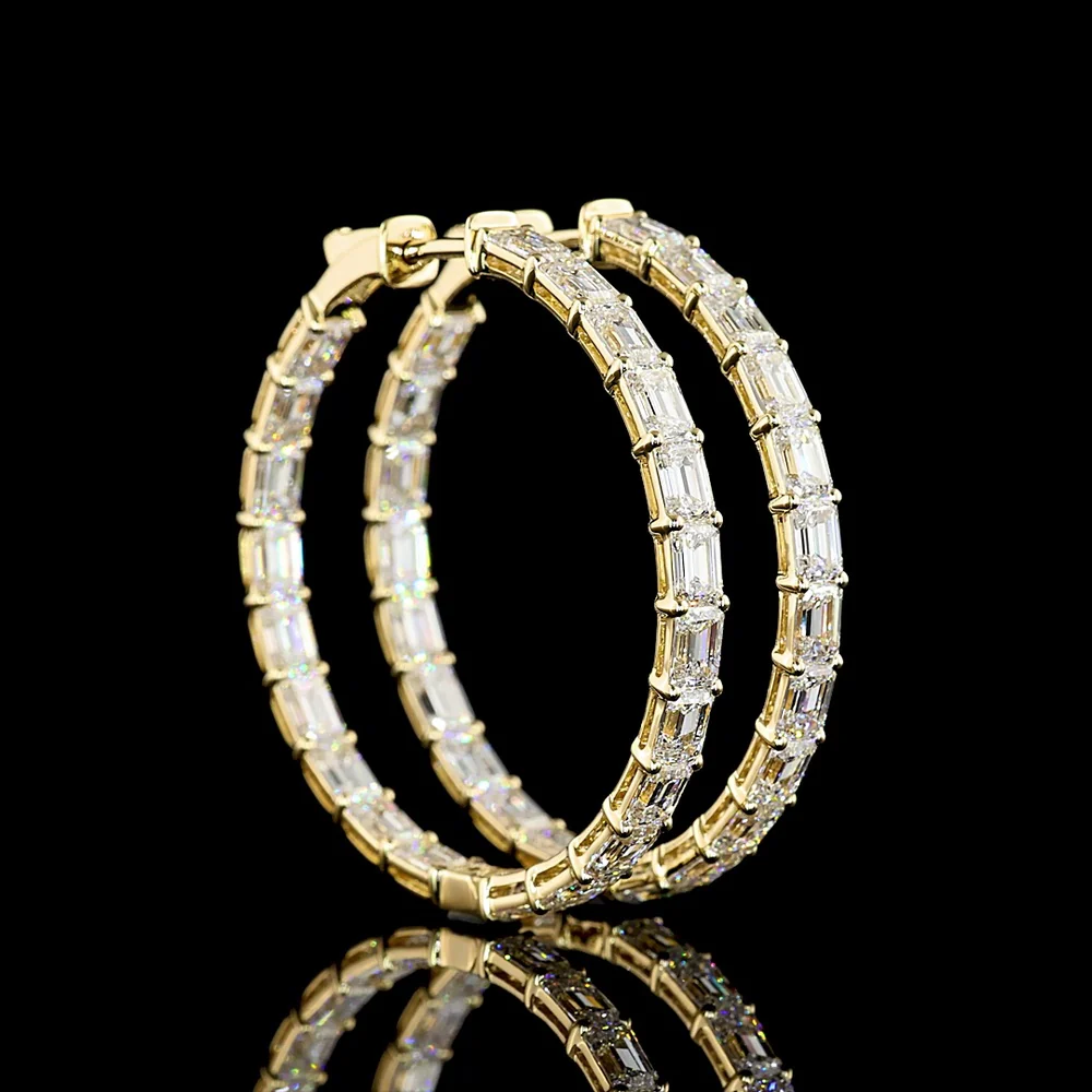 14K Yellow Gold Large Hoop Earrings with East-West Set Emerald Cut Lab Diamonds - 8.08 Carat Total Weight, E-F Color, VVS1 Clarity - Covaloro Fine Jewelry