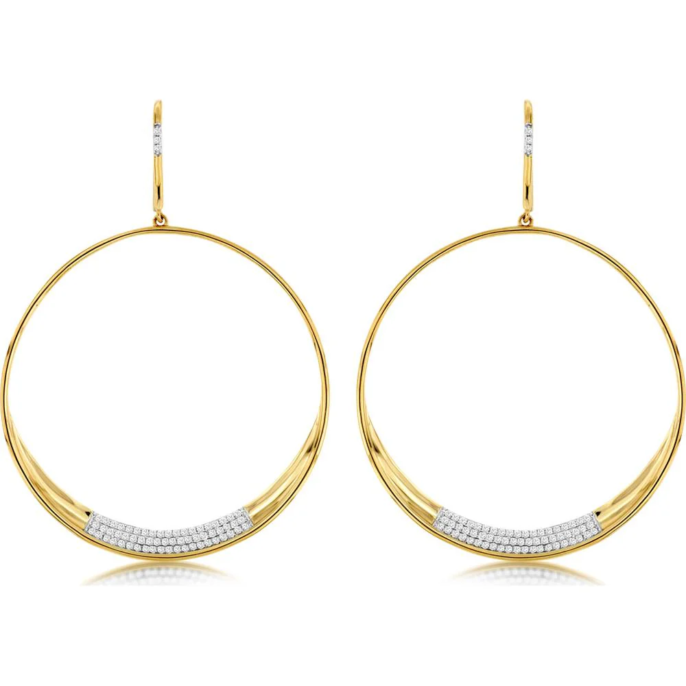 14K Yellow Gold Large Hoop Earrings with Pavé Set Round Diamonds - 0.35 Carat Total Diamond Weight - Royal Jewelry