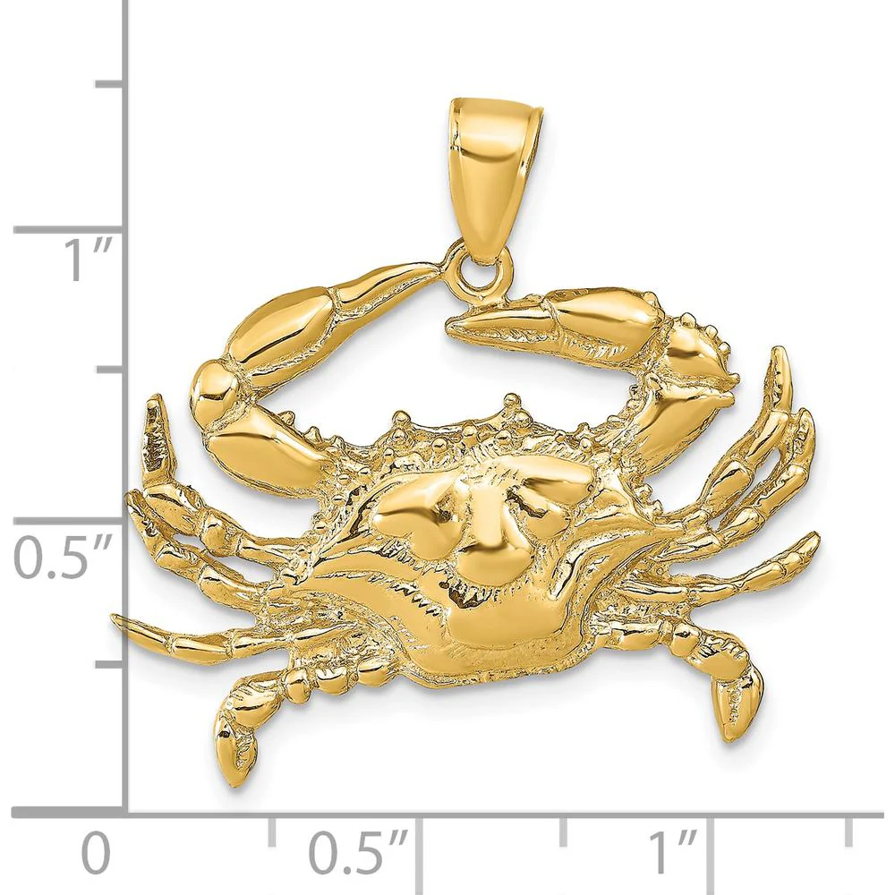14K Yellow Gold Large Textured Blue Crab Pendant - 30mm Length by Oro Pregiato - Image 3