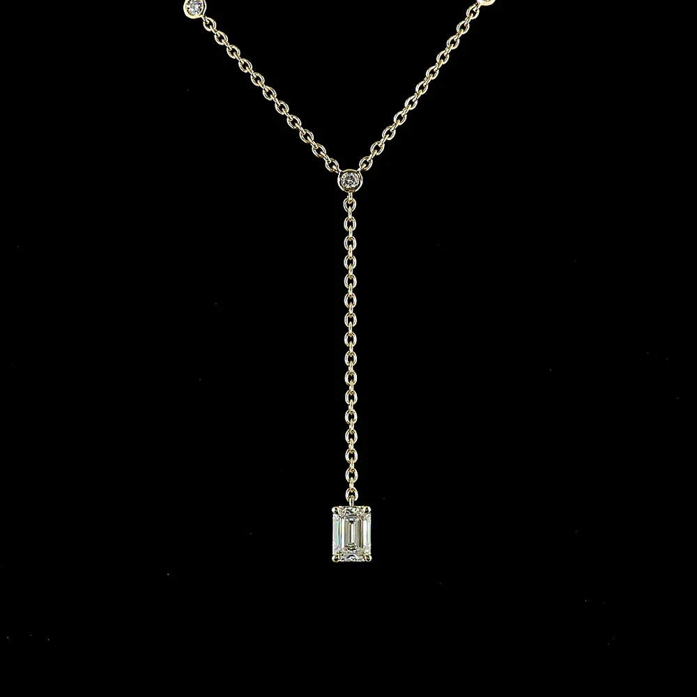14K Yellow Gold Lariat Necklace with 1.01 Carat Emerald Cut Lab Diamond and 0.41 Carat Round Diamond Accents - GIA Certified - Covaloro Fine Jewelry - Image 2