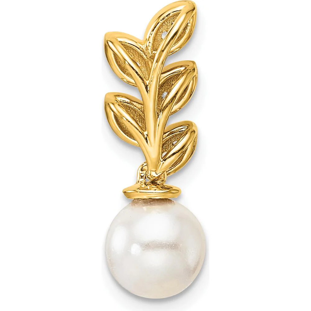 14K Yellow Gold Leaf Design Pendant with Round Diamonds and Freshwater Cultured Pearl - 1/15 Carat Total Diamond Weight by Monteluci Fine Jewelry - Image 3