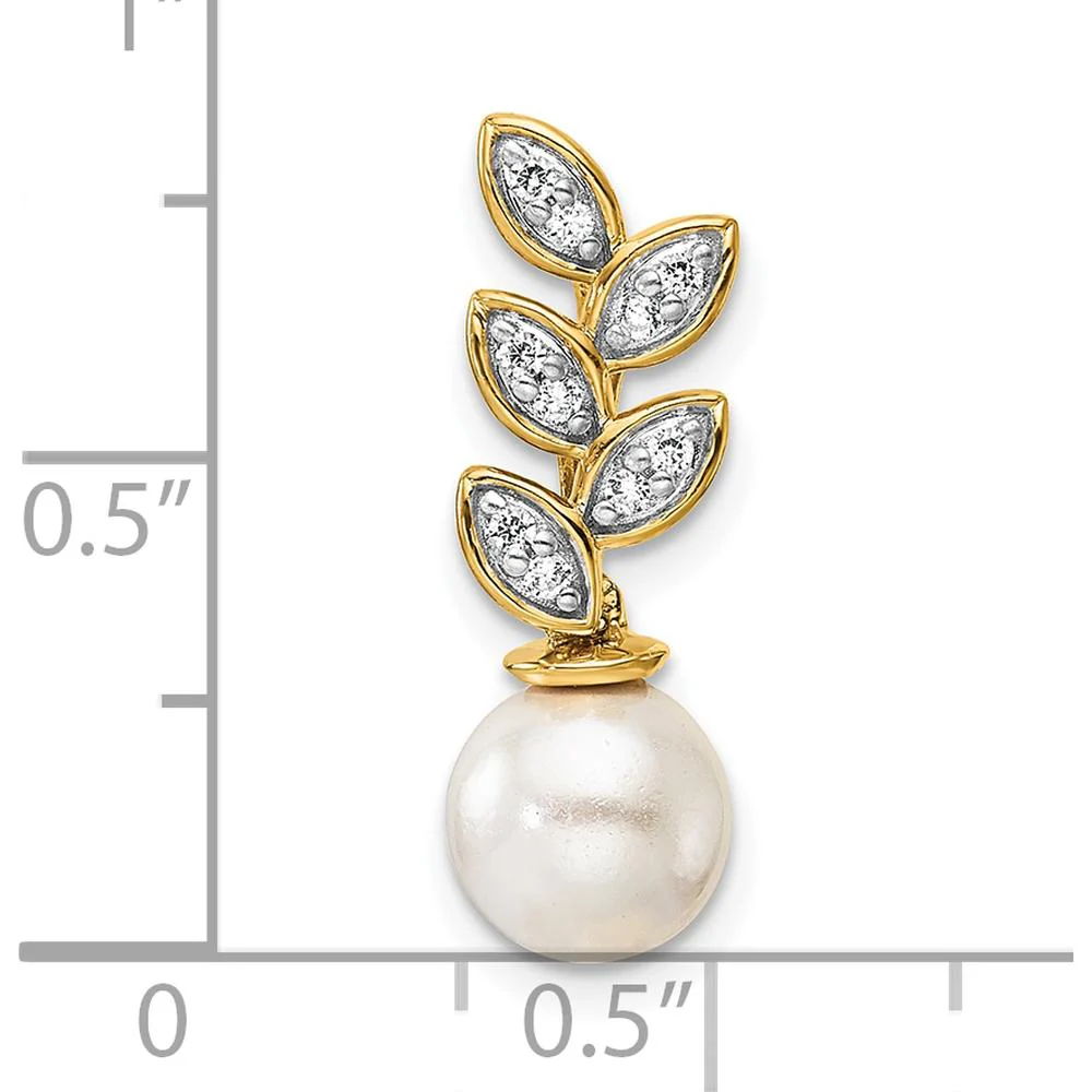 14K Yellow Gold Leaf Design Pendant with Round Diamonds and Freshwater Cultured Pearl - 1/15 Carat Total Diamond Weight by Monteluci Fine Jewelry - Image 4