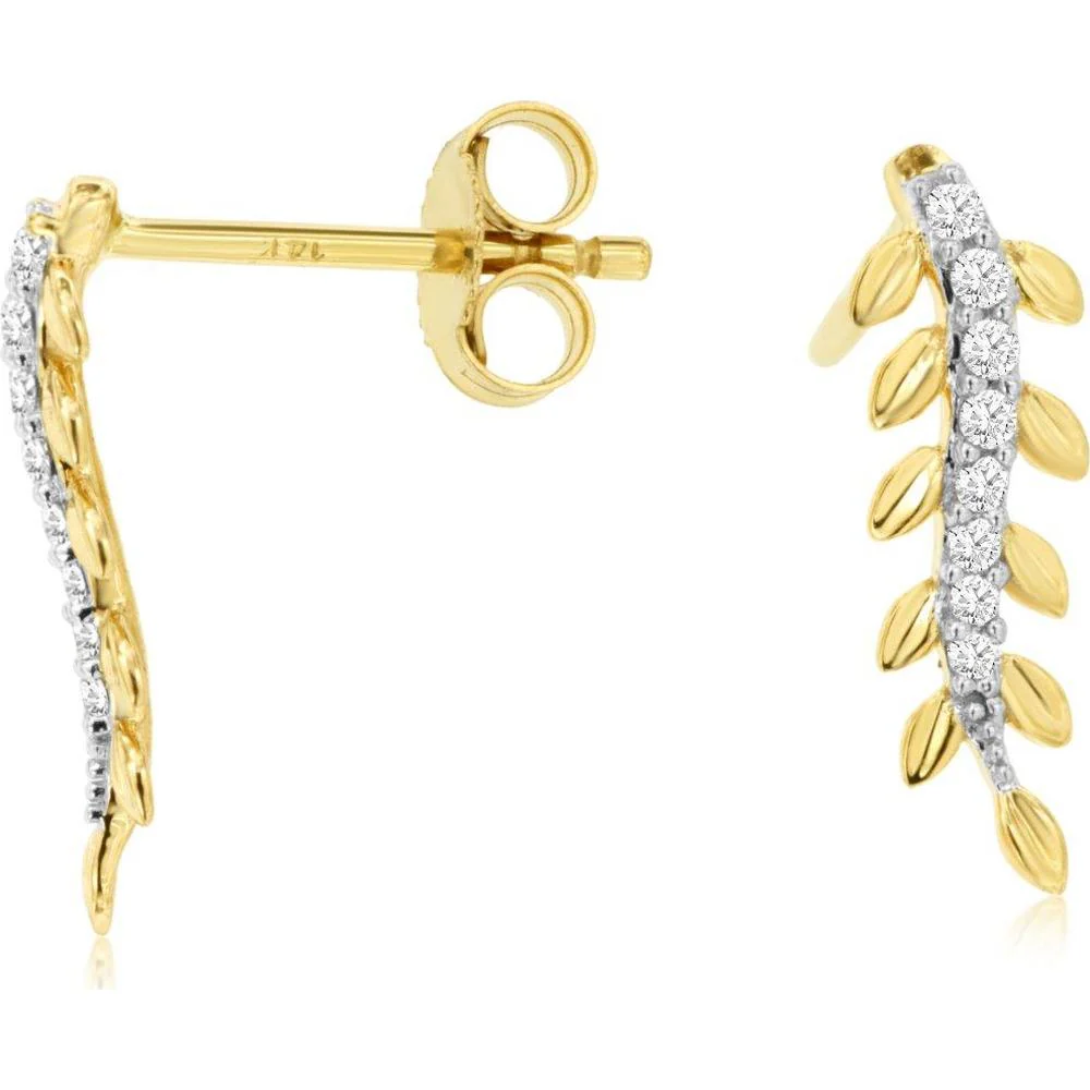 14K Yellow Gold Leaf-Inspired Stud Earrings with Round Diamonds - 0.10 Carat Total Diamond Weight - Royal Jewelry