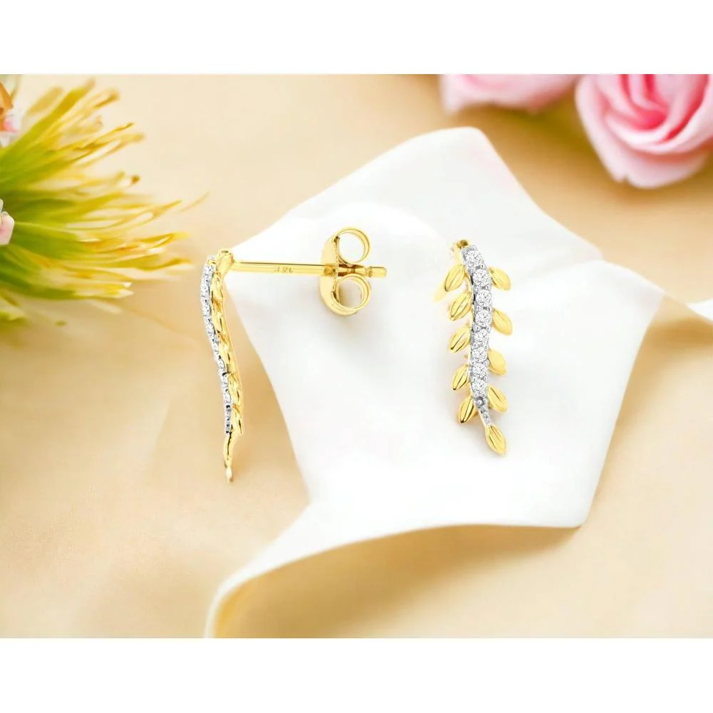 14K Yellow Gold Leaf-Inspired Stud Earrings with Round Diamonds - 0.10 Carat Total Diamond Weight - Royal Jewelry - Image 2