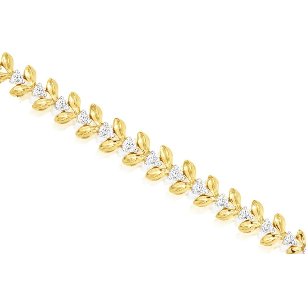 14K Yellow Gold Leaf Motif Diamond Bracelet with Prong Set Round Brilliant Diamonds - 0.50 Carat Total Diamond Weight - Royal Jewelry