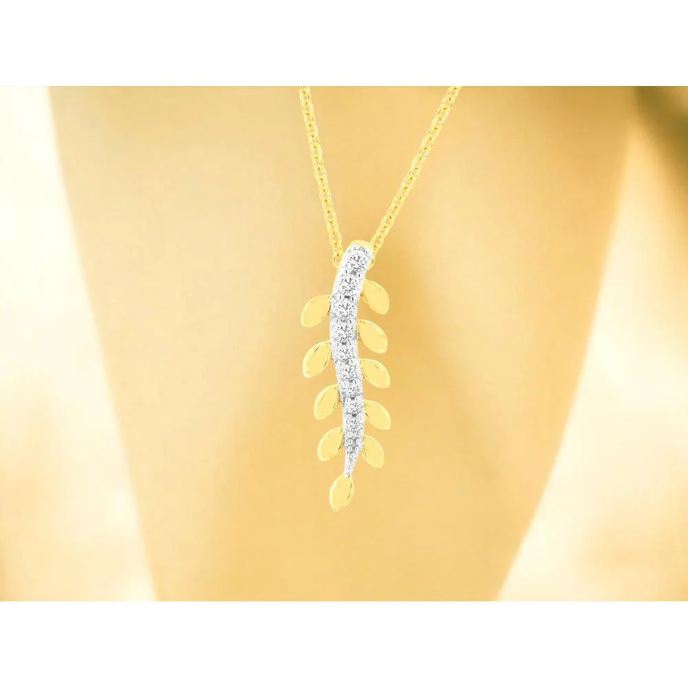 14K Yellow Gold Leaf Motif Diamond Pendant with 0.08 Carat Total Weight Round Diamonds - Royal Jewelry - Image 2