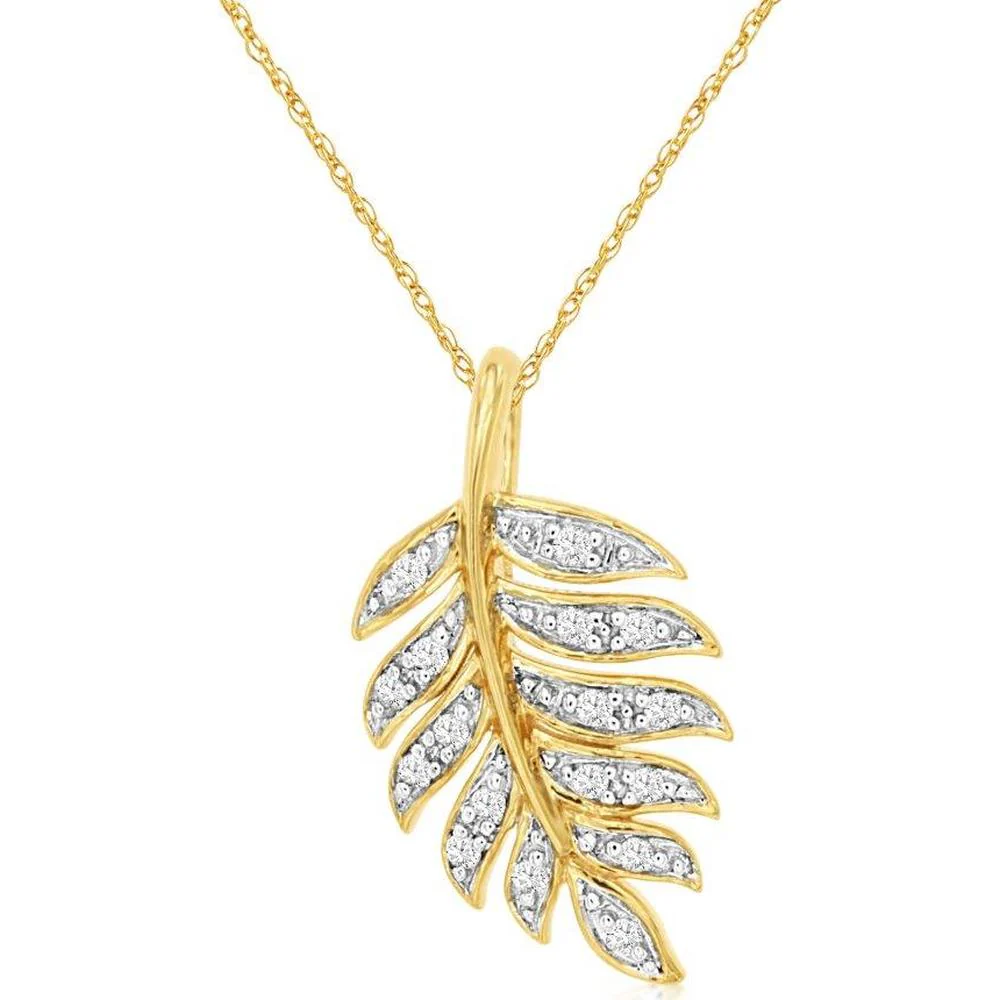14K Yellow Gold Leaf Pendant Necklace with Pavé-Set Round Diamonds - 0.07 Carat Total Diamond Weight - Royal Jewelry