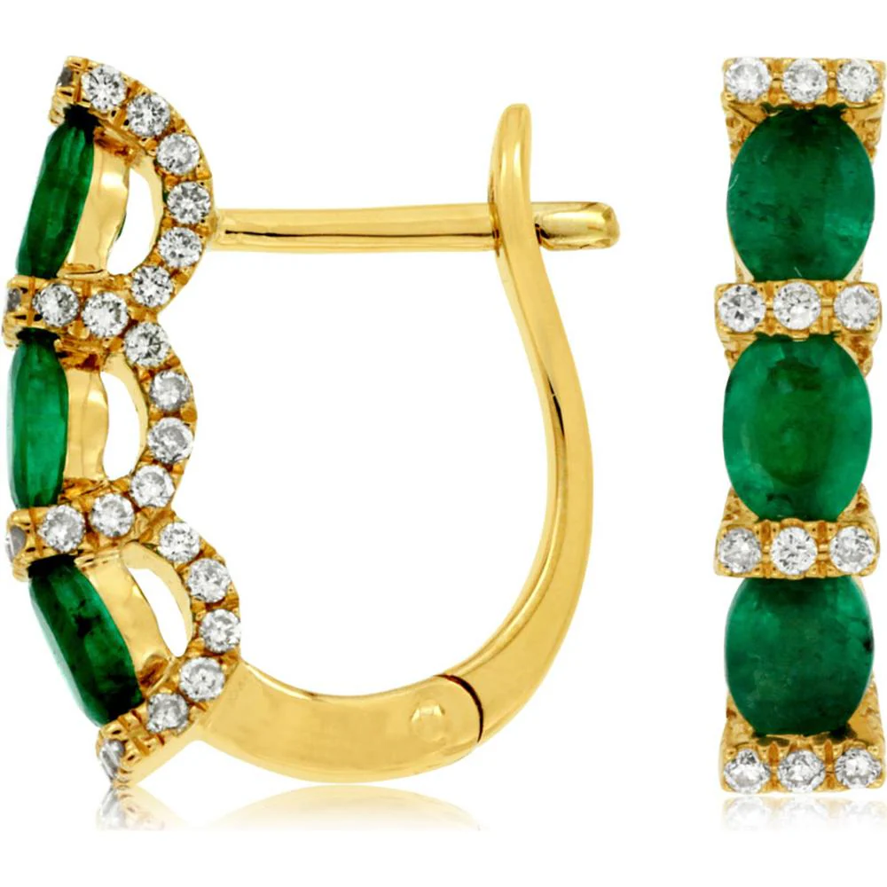 14K Yellow Gold Lever-Back Earrings with Three Oval Emeralds and Diamond Accents - 1.00 Carat Total Emerald Weight, 0.40 Carat Total Diamond Weight - Royal Jewelry