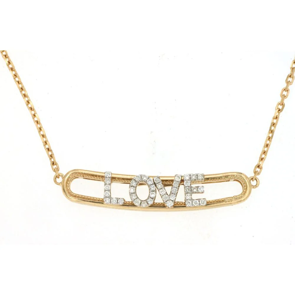 14K Yellow Gold Love Pendant Necklace with Pave Set Round Diamonds - 0.15 Carat Total Diamond Weight - Royal Jewelry