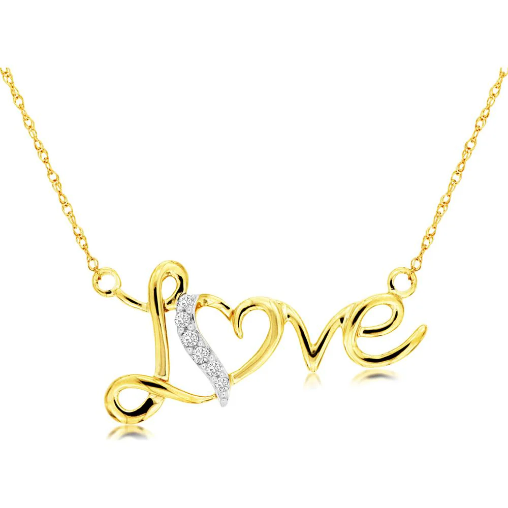 14K Yellow Gold Love Script Pendant Necklace with Pavé Set Round Diamonds - 0.05 Carat Total Diamond Weight - Royal Jewelry