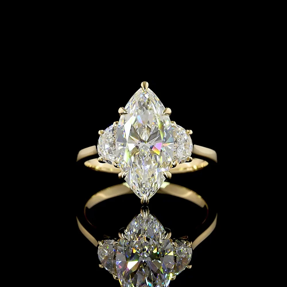 14K Yellow Gold Marquise and Half-Moon Three Stone Ring - 3.55 Carat Total Weight Lab Diamond with E Color, VVS2 Clarity, IGI Certified - Covaloro Fine Jewelry