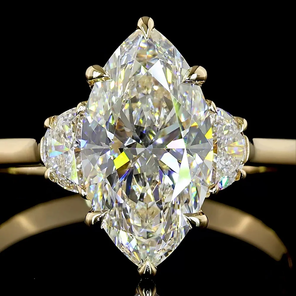 14K Yellow Gold Marquise and Half-Moon Three Stone Ring with 2.10 Carat F VS1 Lab Diamond Center - 2.40 Carat Total Weight - Covaloro Fine Jewelry - Image 2
