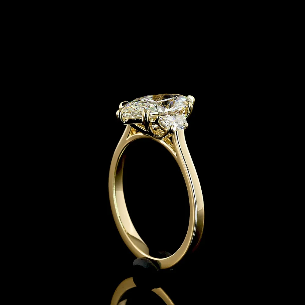 14K Yellow Gold Marquise and Half-Moon Three Stone Ring with 2.10 Carat F VS1 Lab Diamond Center - 2.40 Carat Total Weight - Covaloro Fine Jewelry - Image 3