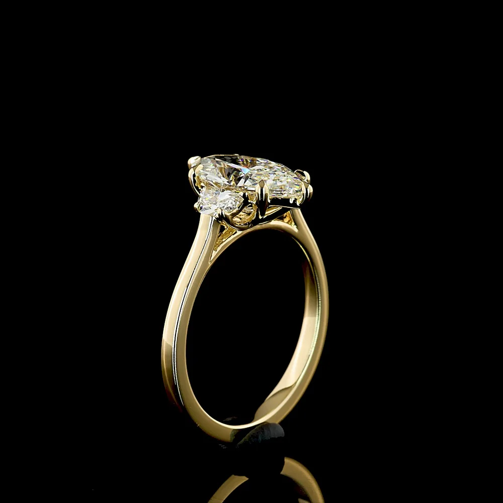 14K Yellow Gold Marquise and Half-Moon Three Stone Ring with 2.10 Carat F VS1 Lab Diamond Center - 2.40 Carat Total Weight - Covaloro Fine Jewelry - Image 4