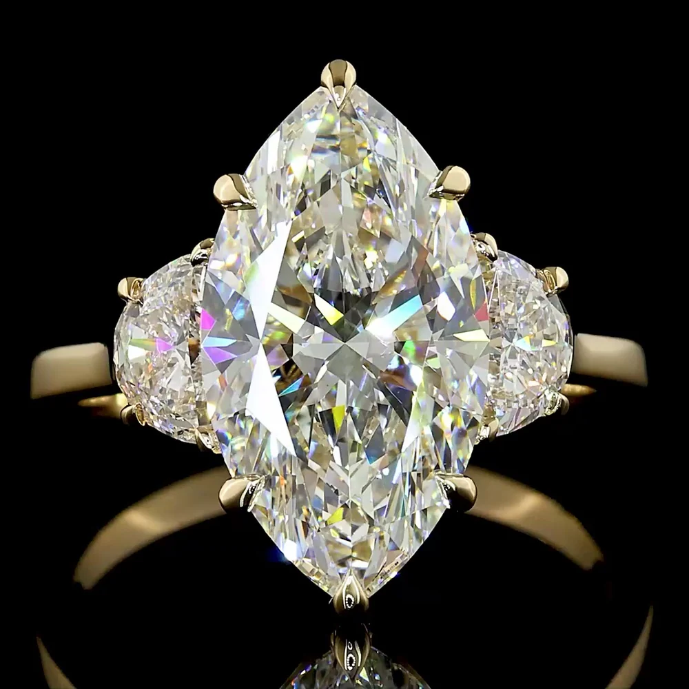14K Yellow Gold Marquise and Half-Moon Three Stone Ring with Lab-Grown D VVS2 Diamond - 3.70 Carat Total Weight - Covaloro Fine Jewelry - Image 2