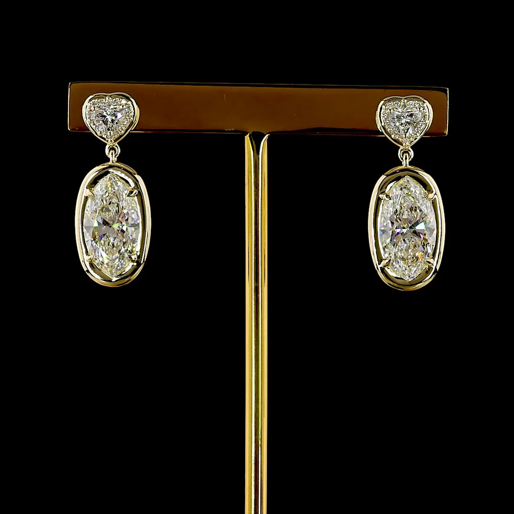 14K Yellow Gold Marquise and Heart Shape Drop Earrings with IGI Certified Lab Grown Diamonds - 5.58 Carats Total Diamond Weight - Covaloro Fine Jewelry