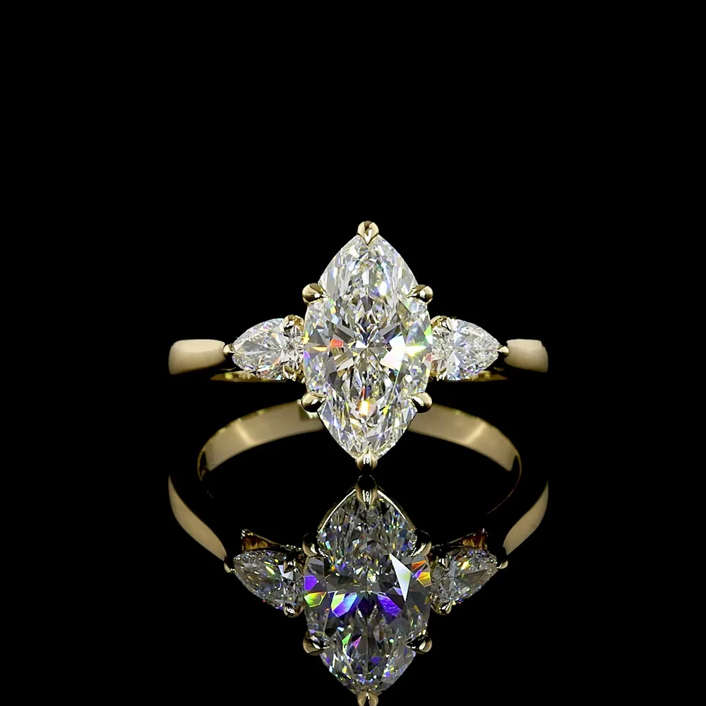14K Yellow Gold Marquise and Pear Cut Lab Diamond Three Stone Ring - 1.83 Total Carat Weight (1.55 Carats Center E VS1) - Covaloro Fine Jewelry