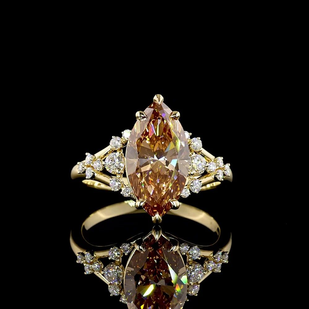 14K Yellow Gold Marquise Cut Champagne Lab Diamond Ring - 3.29 Carats Total Gem Weight with Brilliant Round Accents - Covaloro Fine Jewelry
