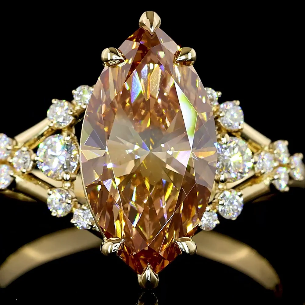 14K Yellow Gold Marquise Cut Champagne Lab Diamond Ring - 3.29 Carats Total Gem Weight with Brilliant Round Accents - Covaloro Fine Jewelry - Image 2