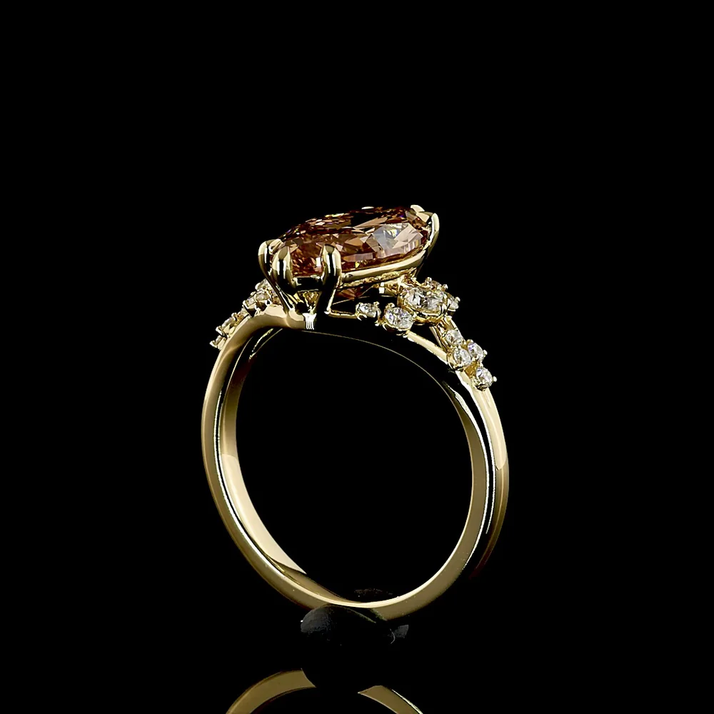 14K Yellow Gold Marquise Cut Champagne Lab Diamond Ring - 3.29 Carats Total Gem Weight with Brilliant Round Accents - Covaloro Fine Jewelry - Image 3