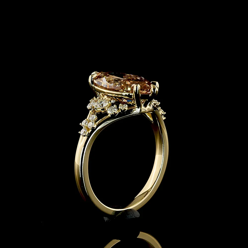 14K Yellow Gold Marquise Cut Champagne Lab Diamond Ring - 3.29 Carats Total Gem Weight with Brilliant Round Accents - Covaloro Fine Jewelry - Image 4