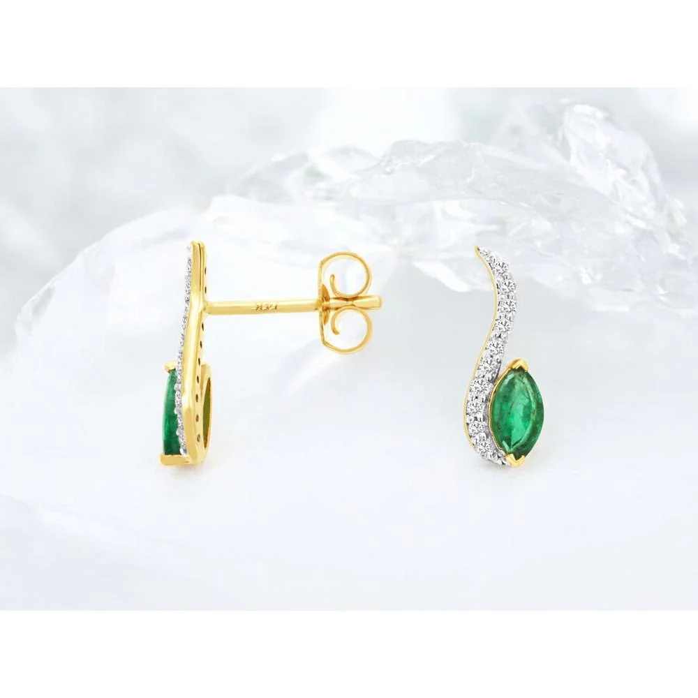 14K Yellow Gold Marquise-Cut Emerald and Diamond Drop Earrings - 0.40 Carat Total Emerald Weight, 0.12 Carat Total Diamond Weight - Royal Jewelry - Image 2