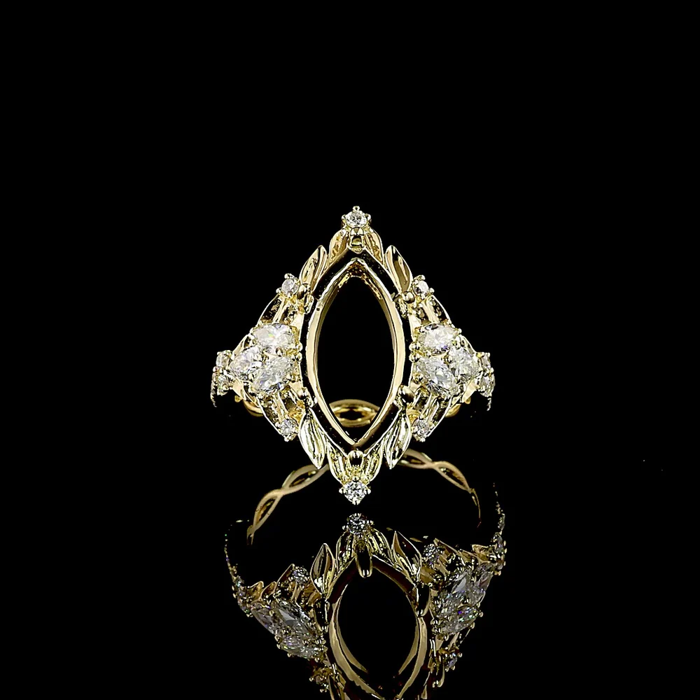 14K Yellow Gold Marquise Cut Fancy Green Lab Diamond Special Ring - 3.50 Carat Center with 0.49 Carat Accent Diamonds, IGI Certified VVS2 Clarity - 4.26 Total Carat Weight - Covaloro Fine Jewelry