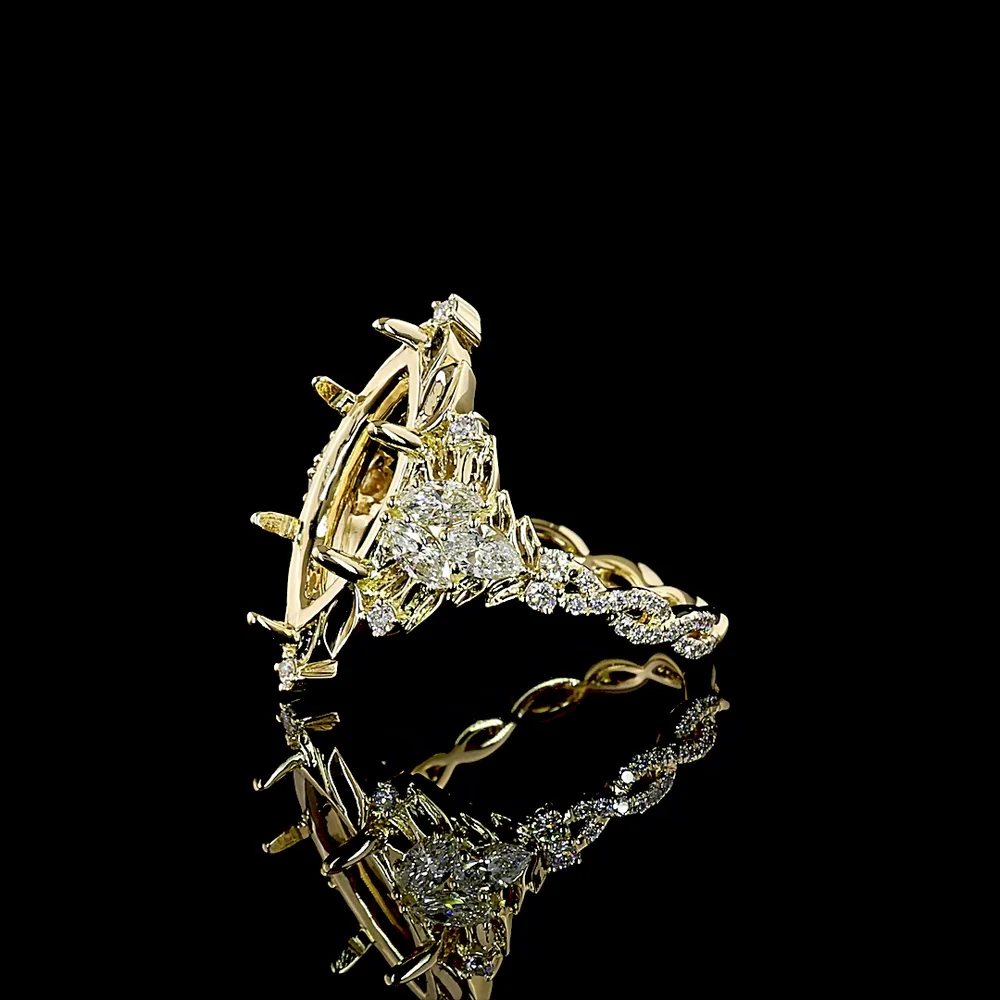 14K Yellow Gold Marquise Cut Fancy Green Lab Diamond Special Ring - 3.50 Carat Center with 0.49 Carat Accent Diamonds, IGI Certified VVS2 Clarity - 4.26 Total Carat Weight - Covaloro Fine Jewelry - Image 3