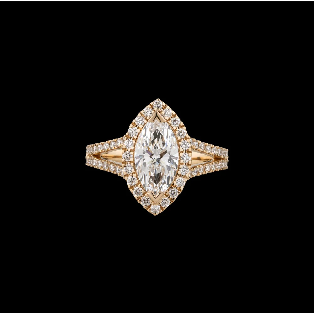 14K Yellow Gold Marquise Cut Halo Split Shank Ring with Lab Grown Diamonds - 2.67 Carat Total Diamond Weight, 2.01 Carat Center D VS1 - Covaloro Fine Jewelry