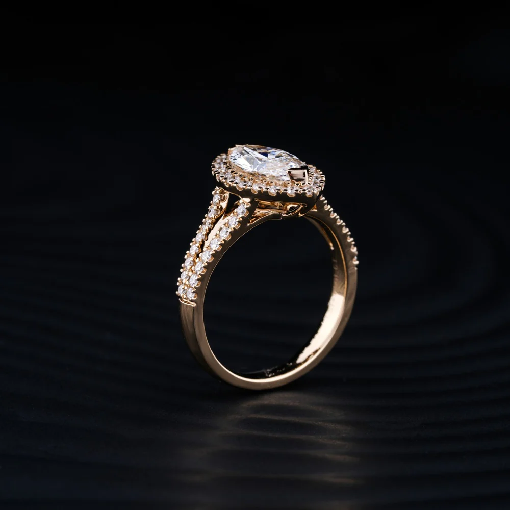 14K Yellow Gold Marquise Cut Halo Split Shank Ring with Lab Grown Diamonds - 2.67 Carat Total Diamond Weight, 2.01 Carat Center D VS1 - Covaloro Fine Jewelry - Image 2