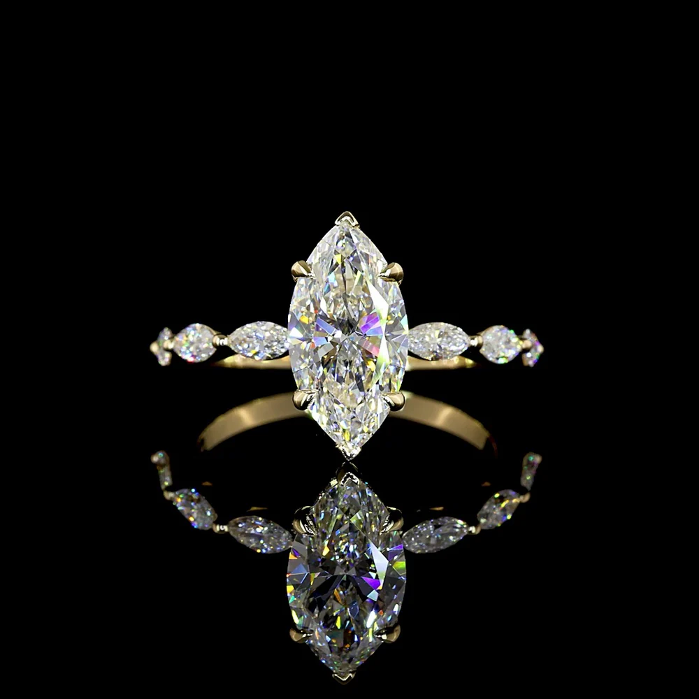 14K Yellow Gold Marquise Cut Hidden Halo Ring with Alternating Marquise and Brilliant Diamond Band - 2.02 Carat Total Diamond Weight, D VVS2 Center Lab Diamond - Covaloro Fine Jewelry