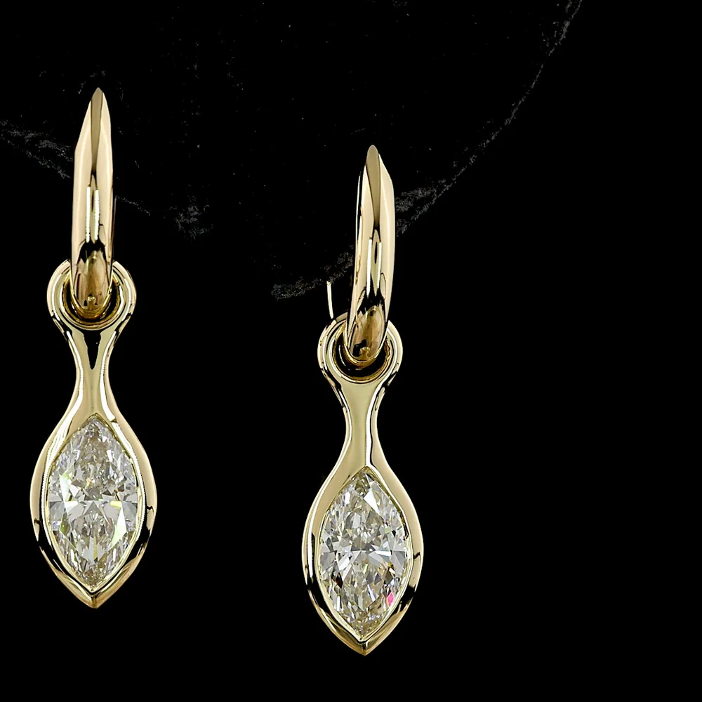 14K Yellow Gold Marquise Cut Lab Diamond Drop Earrings with Bezel Setting - 2.03 Carats Total Diamond Weight E-F VVS1 - Covaloro Fine Jewelry - Image 2