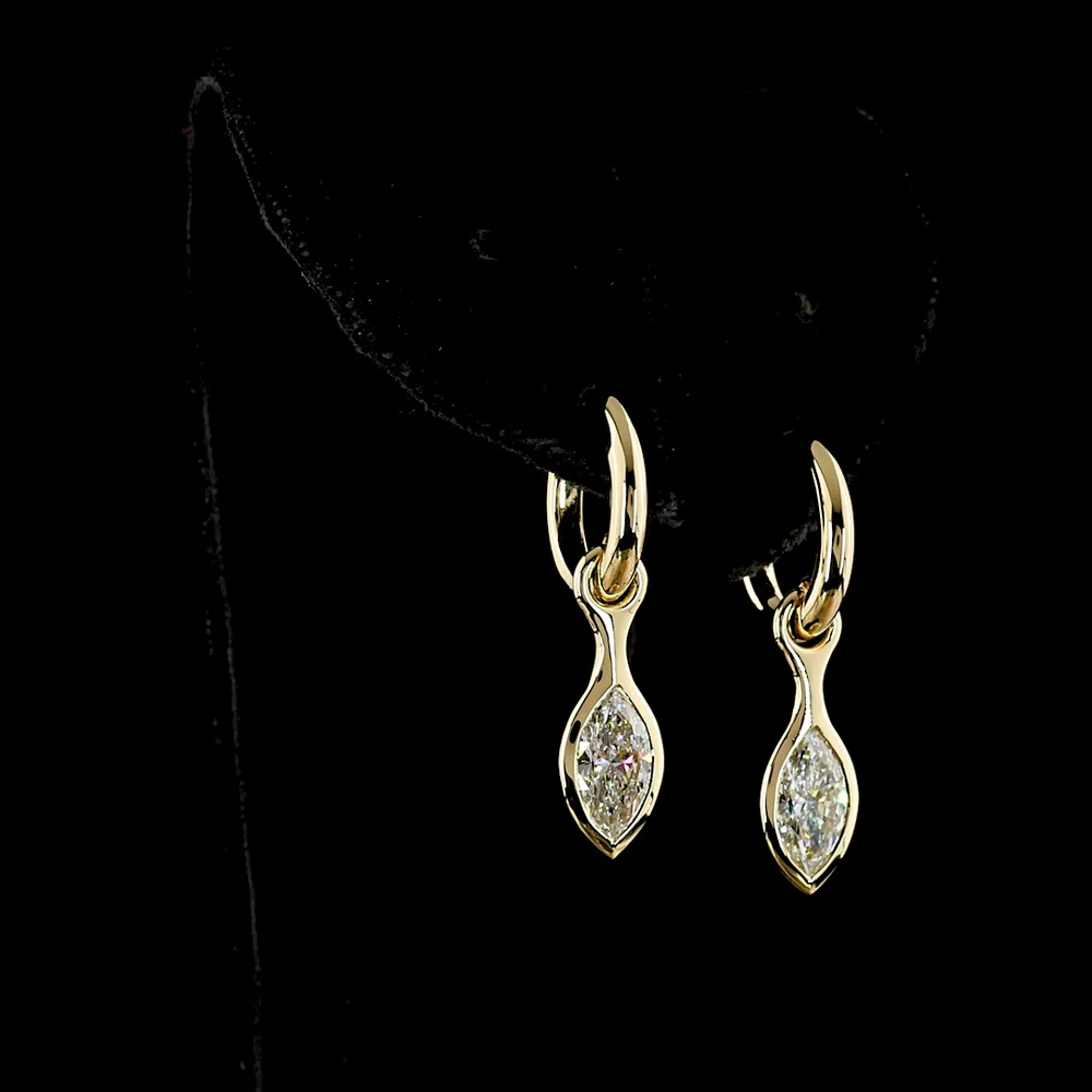 14K Yellow Gold Marquise Cut Lab Diamond Drop Earrings with Bezel Setting - 2.03 Carats Total Diamond Weight E-F VVS1 - Covaloro Fine Jewelry - Image 3
