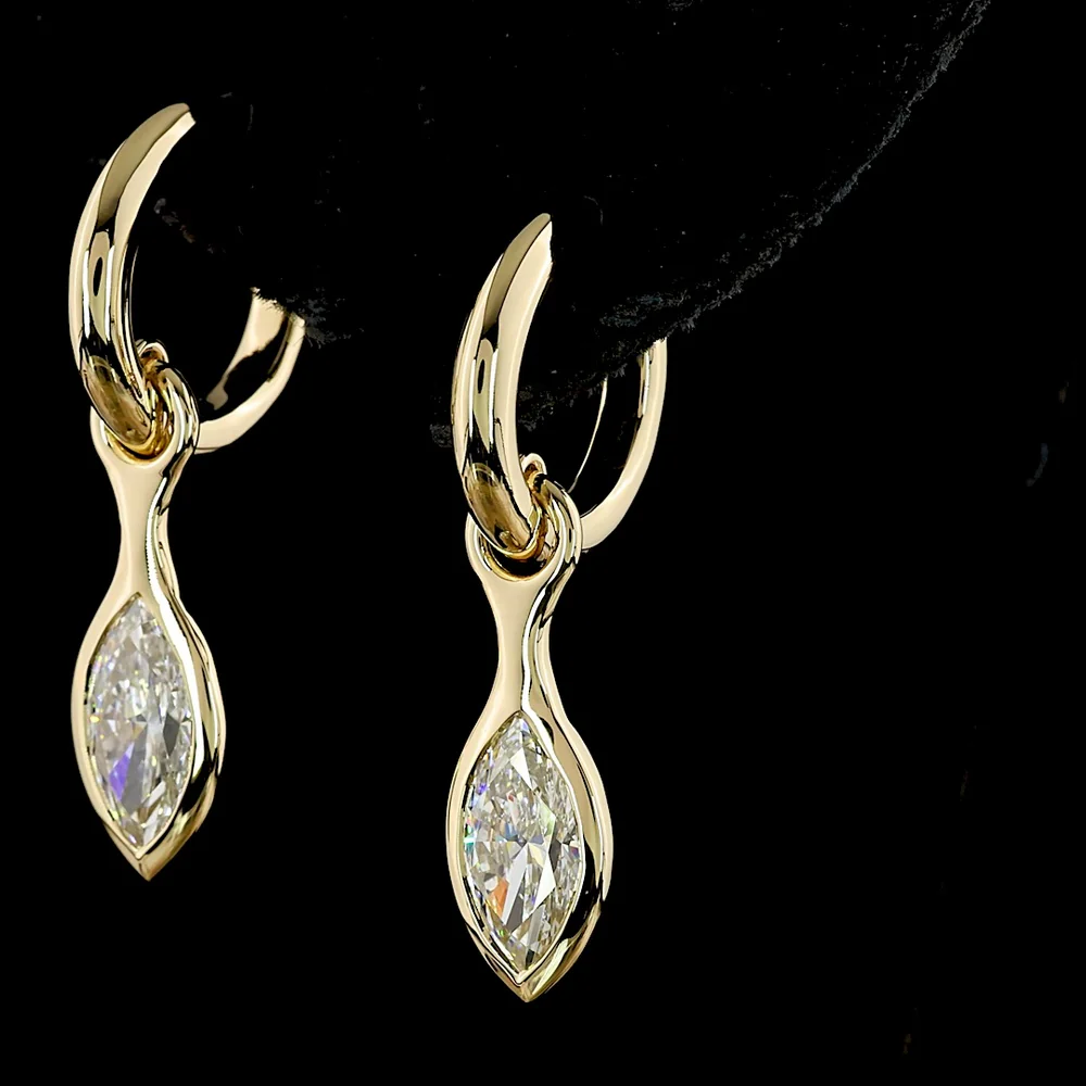 14K Yellow Gold Marquise Cut Lab Diamond Drop Earrings with Bezel Setting - 2.03 Carats Total Diamond Weight E-F VVS1 - Covaloro Fine Jewelry - Image 4