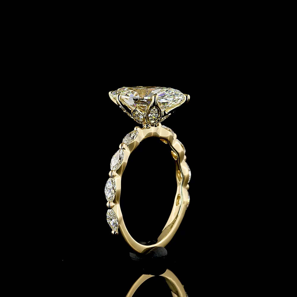 14K Yellow Gold Marquise Cut Lab Diamond Engagement Ring with Diamond Shank - 3.73 Carat Total Weight, E VVS2 Clarity IGI Certified - Covaloro Fine Jewelry - Image 4