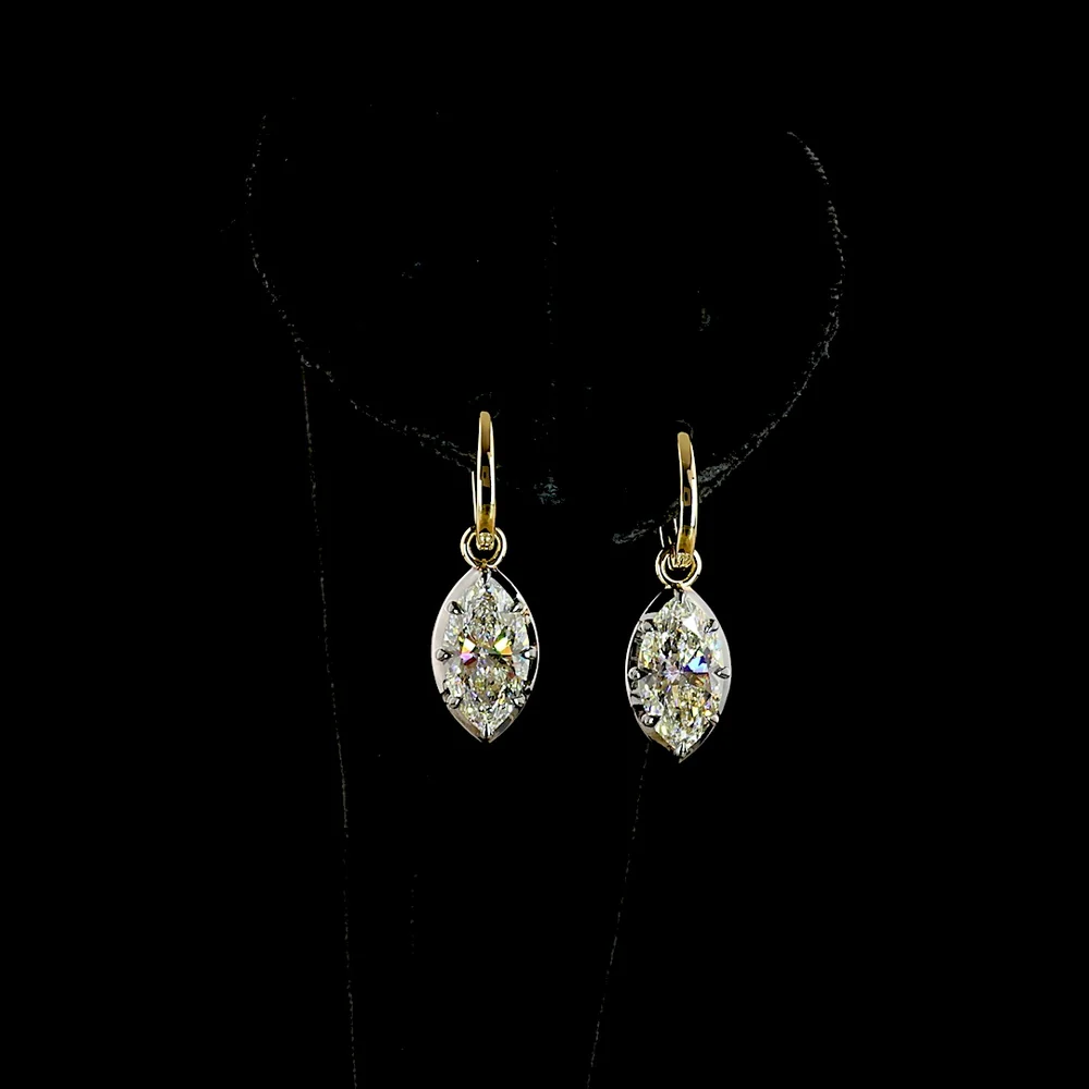 14K Yellow Gold Marquise Cut Lab Diamond Hanging Earrings with Black Rhodium Accents - 4.04 Carats Total Diamond Weight - Covaloro Fine Jewelry