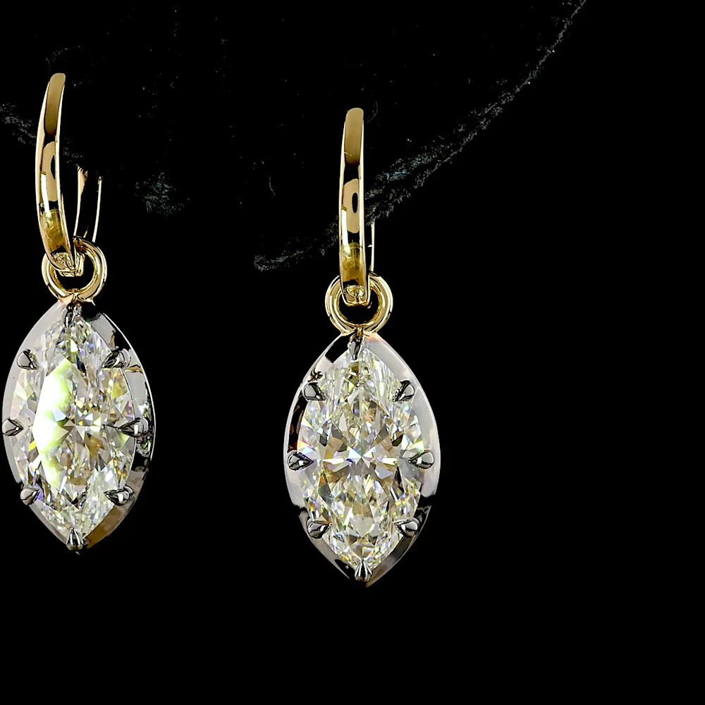14K Yellow Gold Marquise Cut Lab Diamond Hanging Earrings with Black Rhodium Accents - 4.04 Carats Total Diamond Weight - Covaloro Fine Jewelry - Image 2