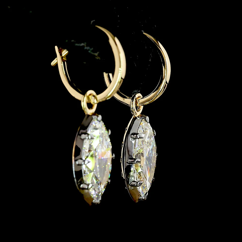 14K Yellow Gold Marquise Cut Lab Diamond Hanging Earrings with Black Rhodium Accents - 4.04 Carats Total Diamond Weight - Covaloro Fine Jewelry - Image 4